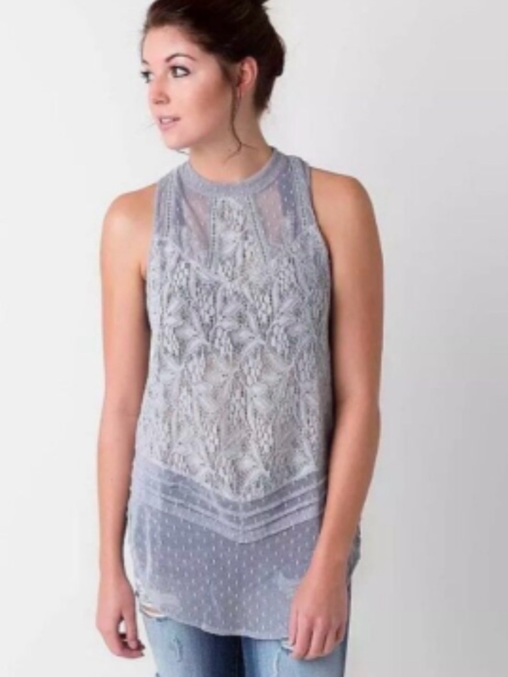 Free People S/PLight Blue Gray Modern Dot Lace High Neck Fashion Tunic Top Small - Picture 2 of 13